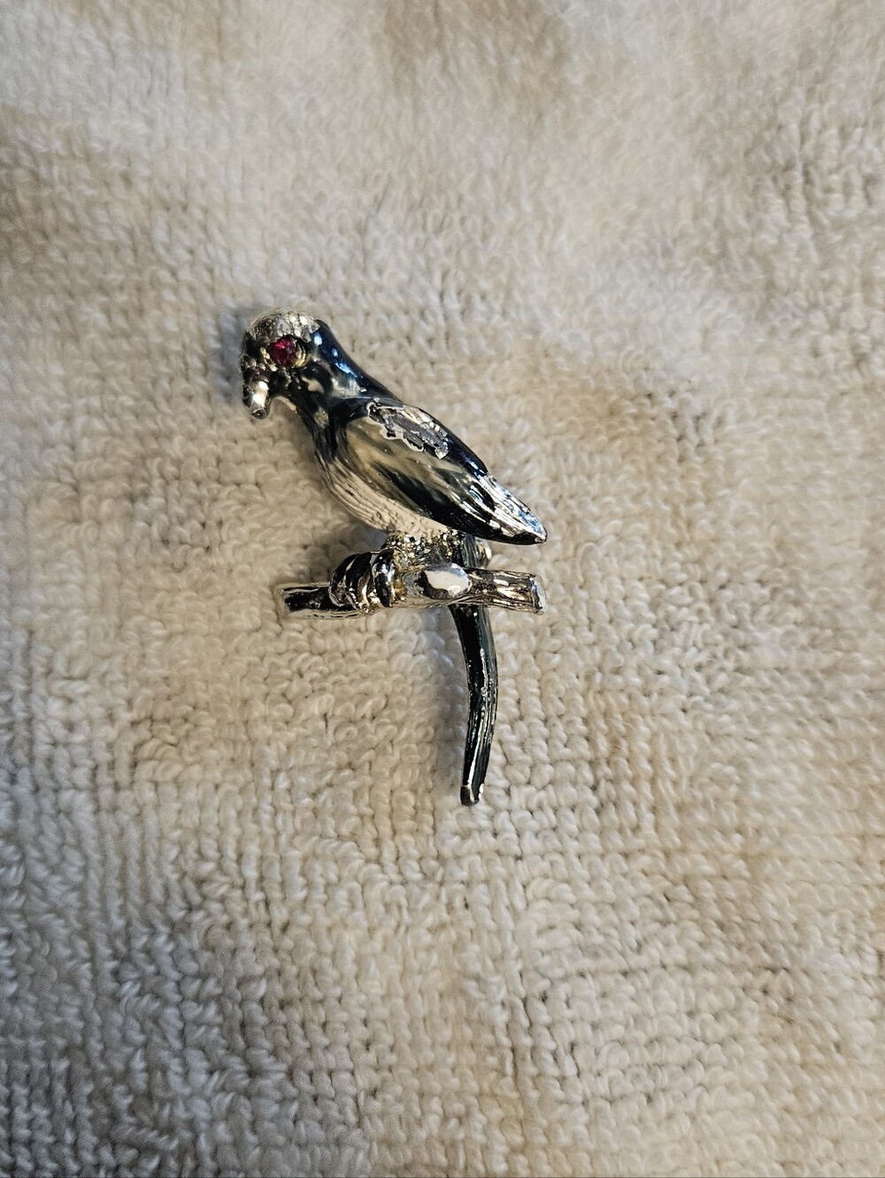 Silver Parrot Bird Pin Brooch - Silver with Red Accent